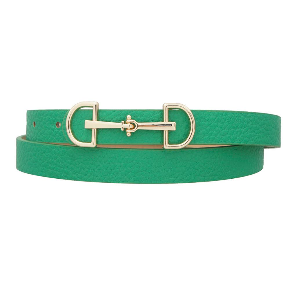 Anbfashion Lux D-Ring Horse Bit Buckle skinny women's belt in black leather, showcasing the sleek D-ring buckle detail.
