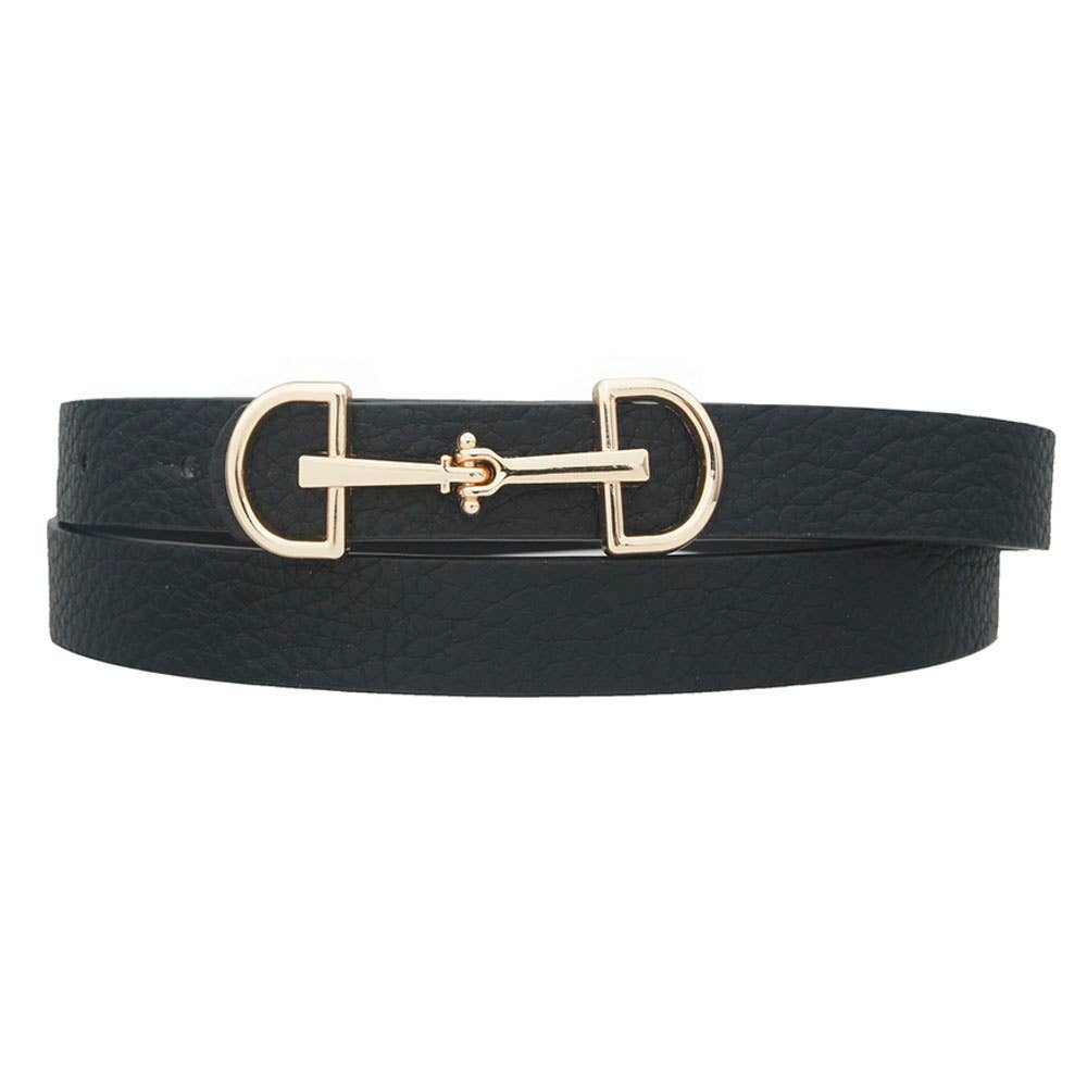 Anbfashion Lux D-Ring horse-bit buckle skinny women's belt in black leather, with a sleek silver hardware detail.