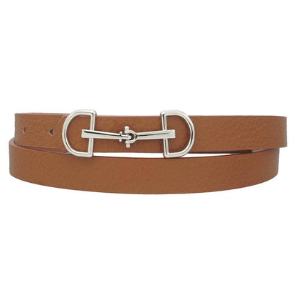 Anbfashion Lux D-ring horse bit buckle skinny women's belt in black leather with silver hardware, stylish accessory for casual wear.