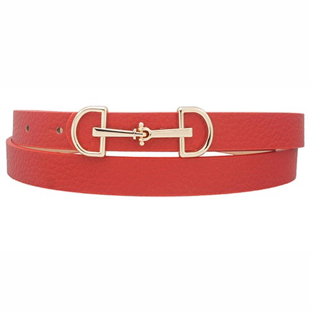 Anbfashion Lux D-ring horse bit buckle skinny women's belt in black leather, showcasing the sleek design and D-ring buckle detail.
