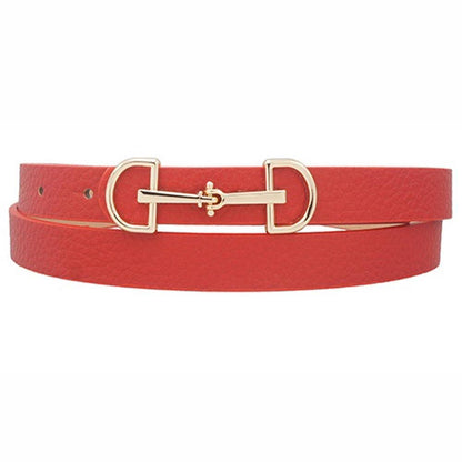 Anbfashion Lux D-ring horse bit buckle skinny women's belt in black leather, showcasing the sleek design and D-ring buckle detail.