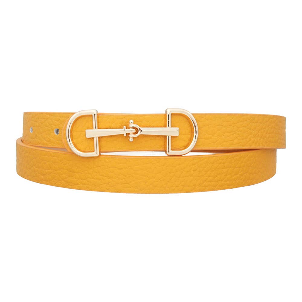 Anbfashion Lux D-ring horse bit buckle skinny women's belt in black leather, featuring a sleek D-ring buckle and slim design.