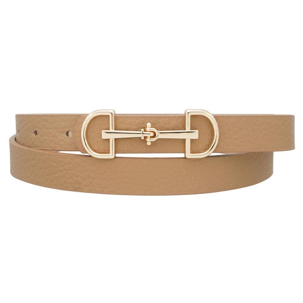 Anbfashion women's skinny belt with a D-ring horse bit buckle, made of leather, stylish accessory for casual or dress outfits.