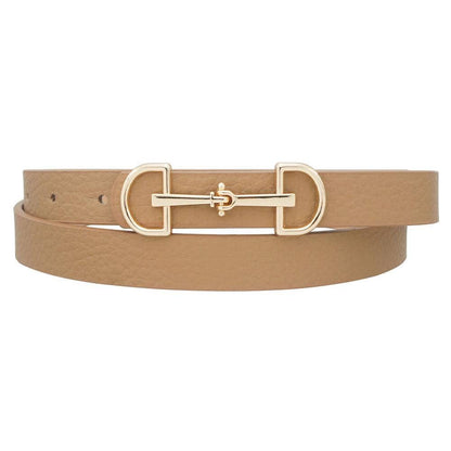 Anbfashion women's skinny belt with a D-ring horse bit buckle, made of leather, stylish accessory for casual or dress outfits.
