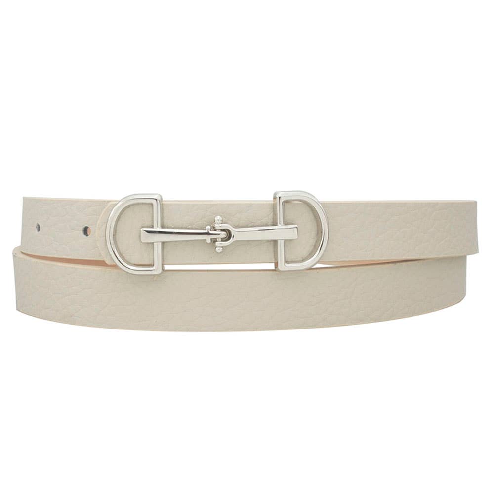 Anbfashion women's skinny belt with D-ring horse bit buckle, stylish accessory in black leather for casual or dressy outfits.