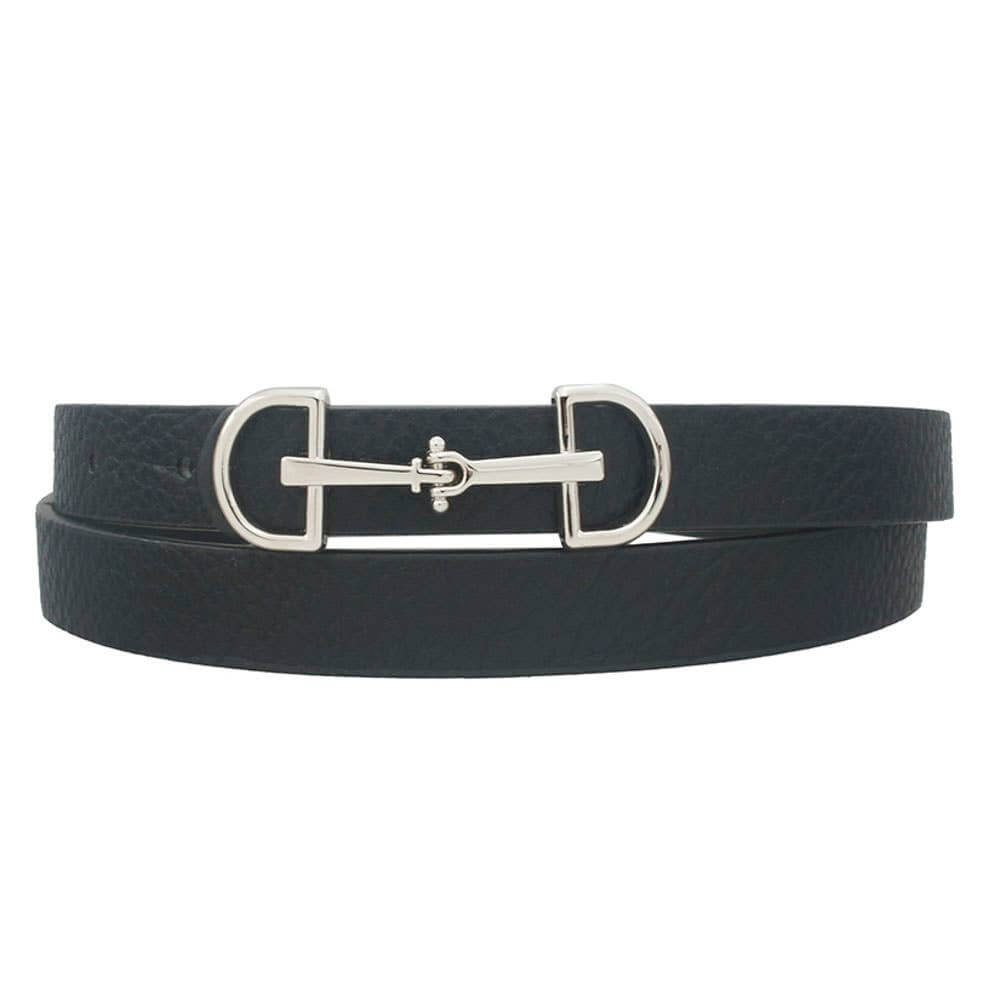 Anbfashion women's skinny belt with a D-ring horse bit buckle, stylish accessory in black leather with silver hardware.