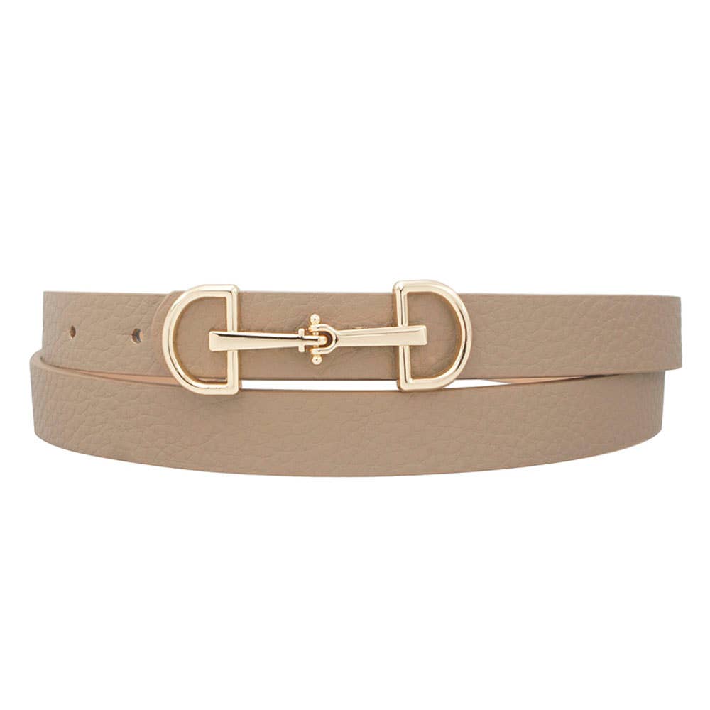 Anbfashion Lux D-ring horse bit buckle skinny women's belt in black leather, featuring a sleek D-ring buckle design.
