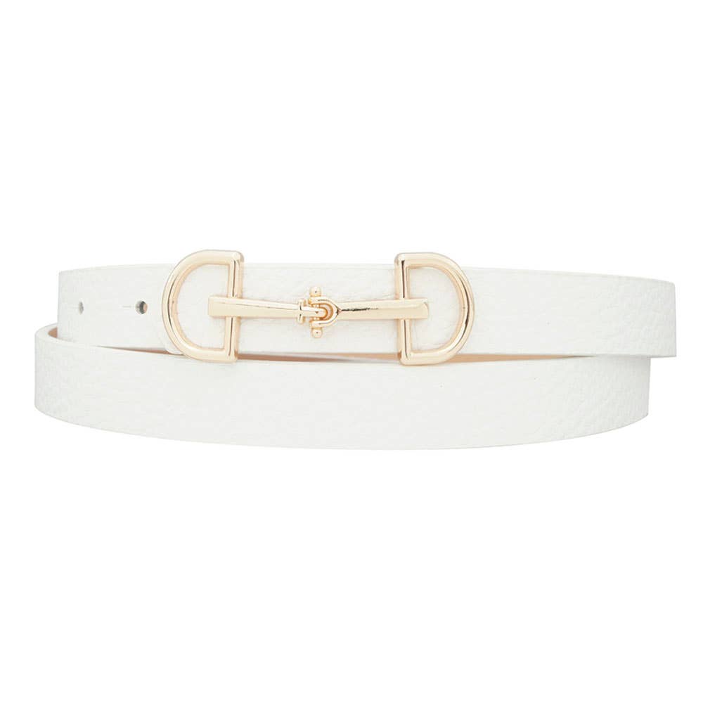 Anbfashion Lux D-ring horse bit buckle skinny women's belt in black leather with silver-tone hardware.