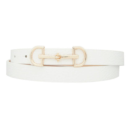 Anbfashion Lux D-ring horse bit buckle skinny women's belt in black leather with silver-tone hardware.