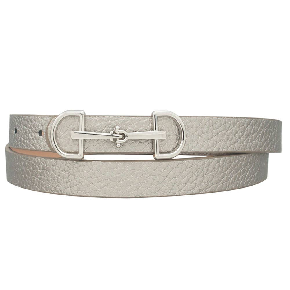Anbfashion women's skinny belt with D-ring horse bit buckle, stylish accessory in black leather for casual or dressy outfits.