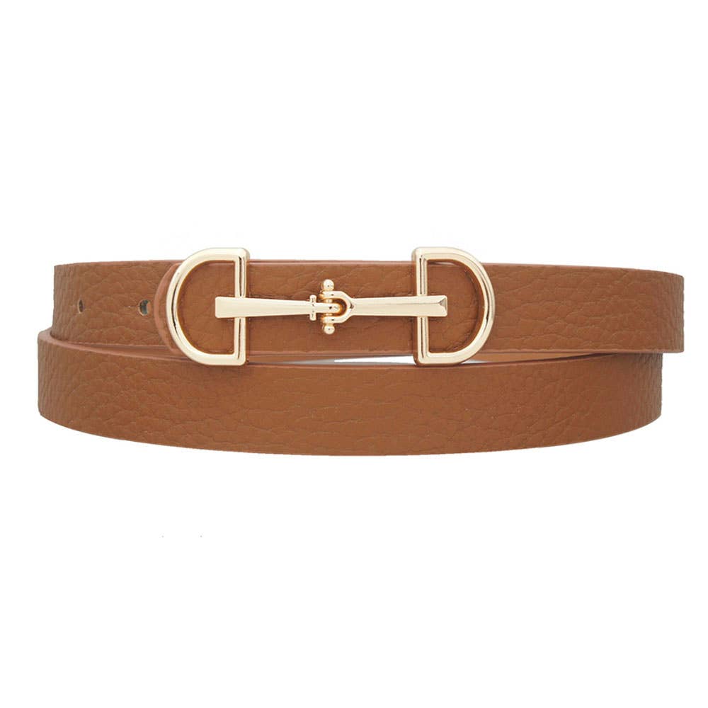 Slim women's belt with D-ring horse bit buckle from anbfashion, showcasing a stylish accessory in black leather.