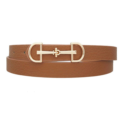 Slim women's belt with D-ring horse bit buckle from anbfashion, showcasing a stylish accessory in black leather.