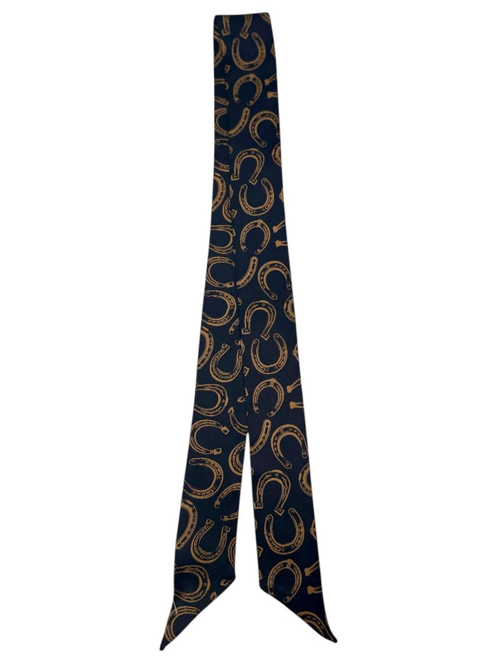 Black Silk Twilly Scarf with Tan Horseshoe Pattern - Cowgirl Charm