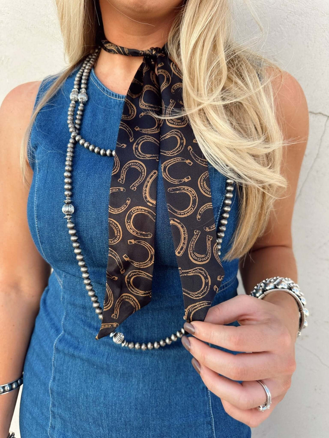 Black Silk Twilly Scarf with Tan Horseshoe Pattern - Cowgirl Charm