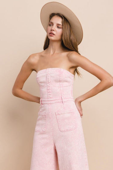 Blush Acid Wash Denim Jumpsuit – Strapless Wide - Leg Western Chic - Cowgirl Charm