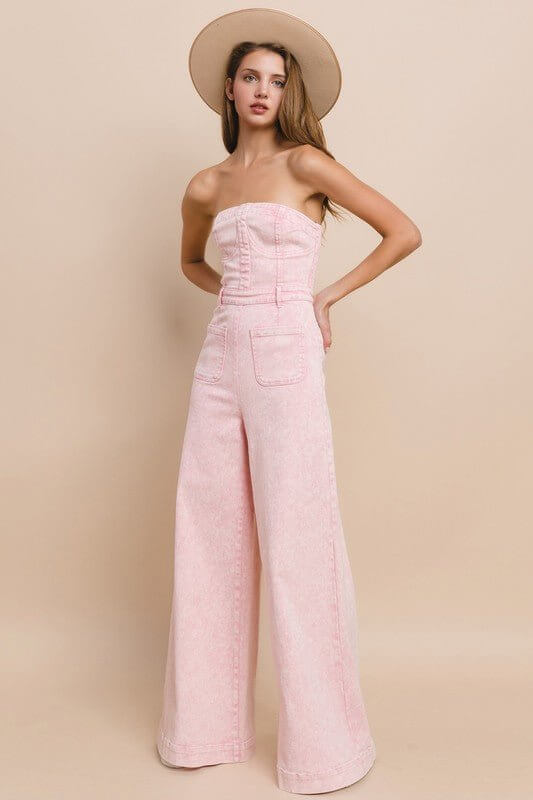 Blush Acid Wash Denim Jumpsuit – Strapless Wide - Leg Western Chic - Cowgirl Charm