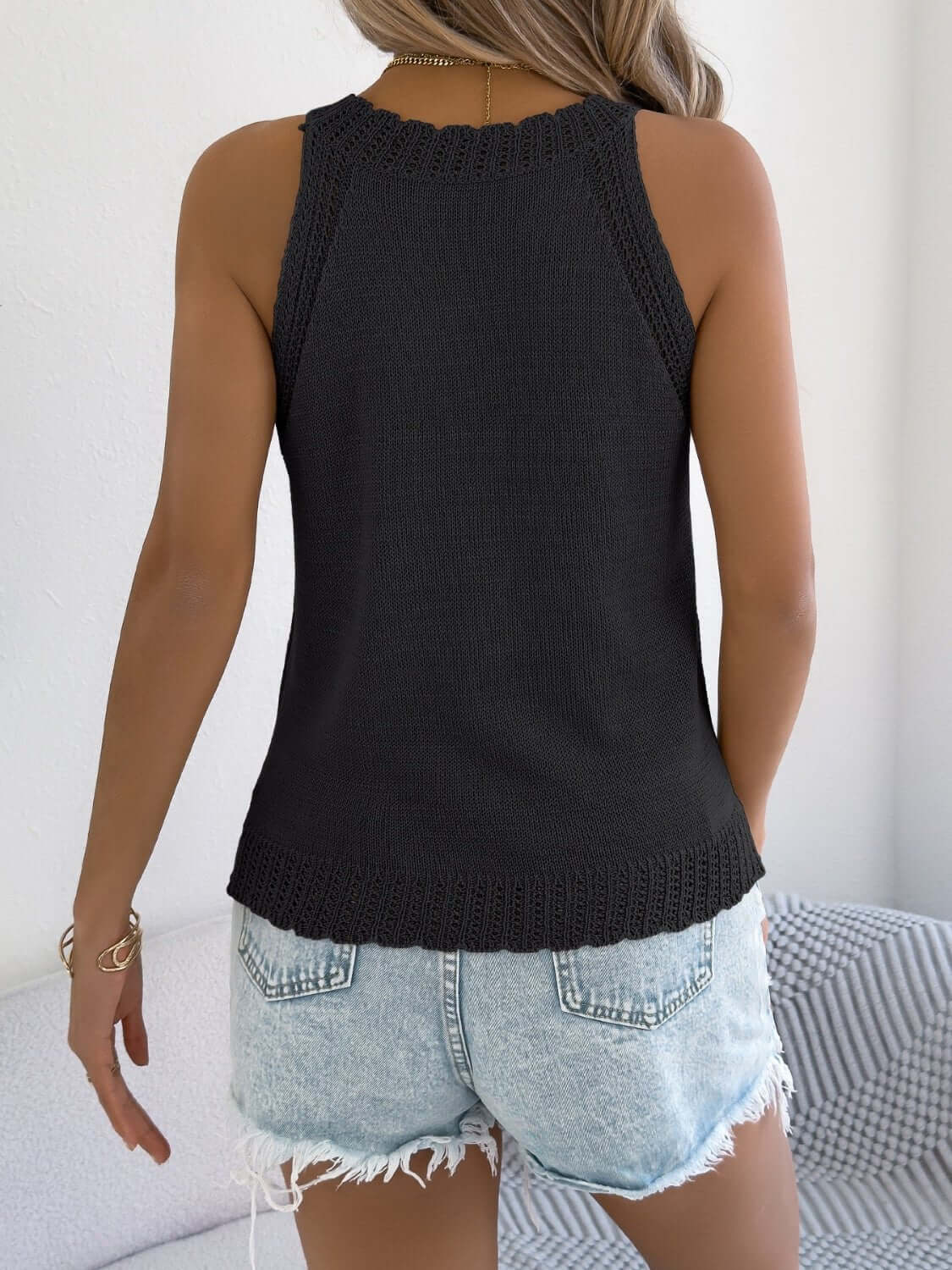 Cowgirl Charm bold and beyond openwork sleeveless knit tank top, summer ribbed halter top for women, close-up view.