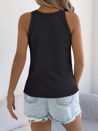 Cowgirl Charm bold and beyond openwork sleeveless knit tank top, summer ribbed halter top for women, close-up view.