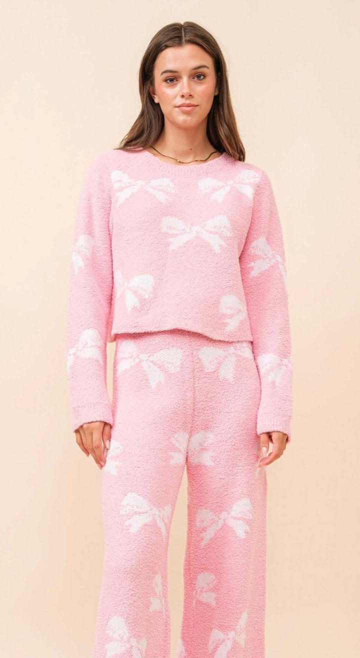 Blue B bow print cozy sweater set with matching top and pants, featuring a charming bow pattern and soft knit fabric.
