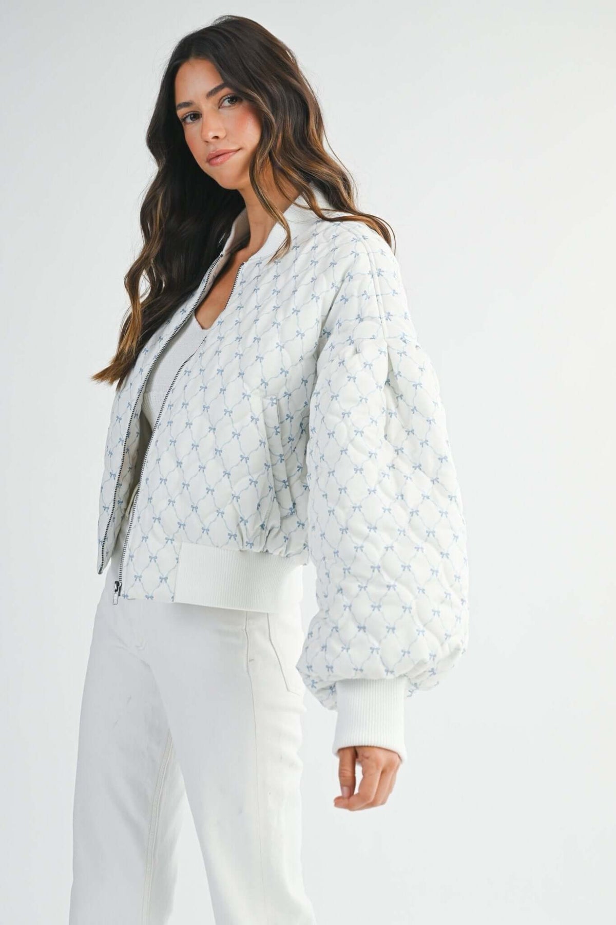 Mable bow print oversized bomber jacket featuring a stylish bow pattern, lightweight outerwear perfect for trendy casual wear.