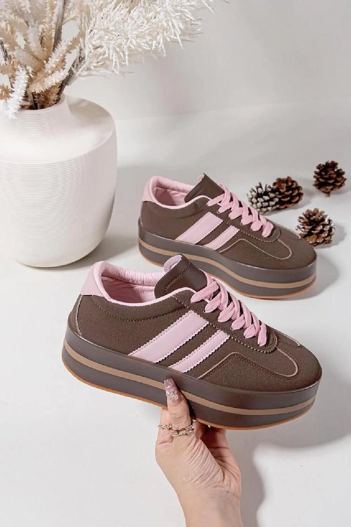 Brown lace-up chunky platform sneakers with side detail from No Doubt Shoes, showcasing a stylish and comfortable athletic design.