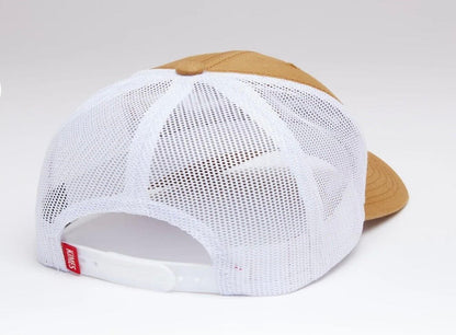 Brown Kimes weekly trucker hat with mesh back and curved brim, casual accessory for outdoor and everyday wear.