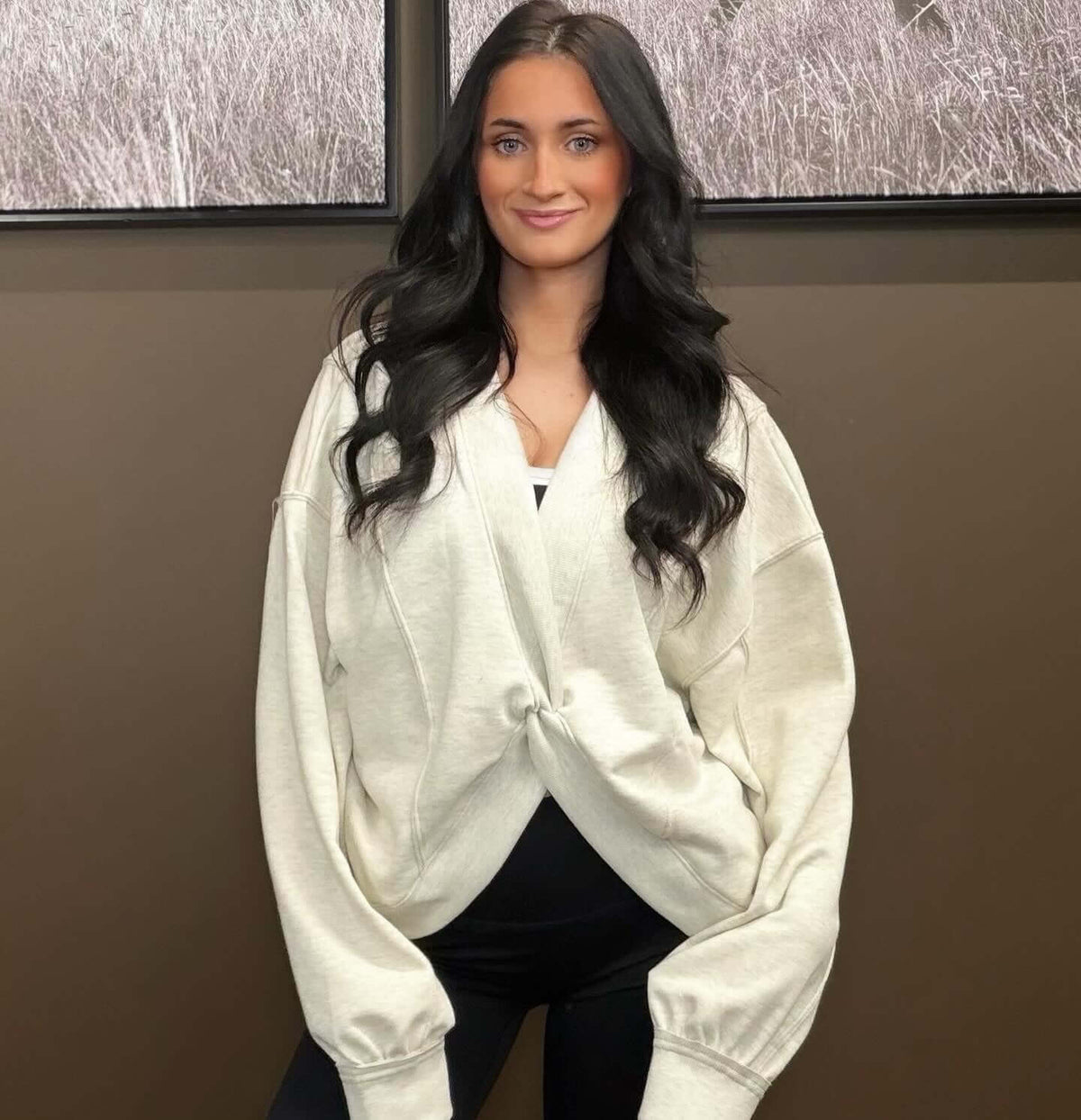 Bucketlist reversible twist-front washed terry sweatshirt top, graphic sweatshirt with a casual, cozy look and stylish design.