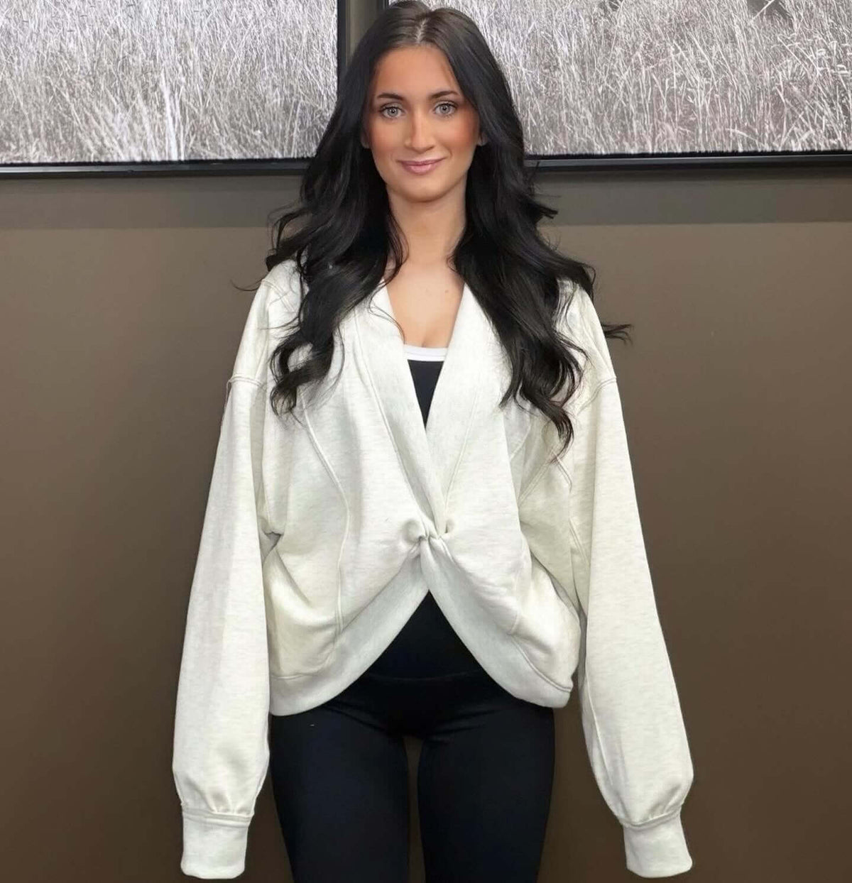 Bucketlist reversible twist-front washed terry sweatshirt top, casual graphic sweatshirt with a stylish twist-front design.