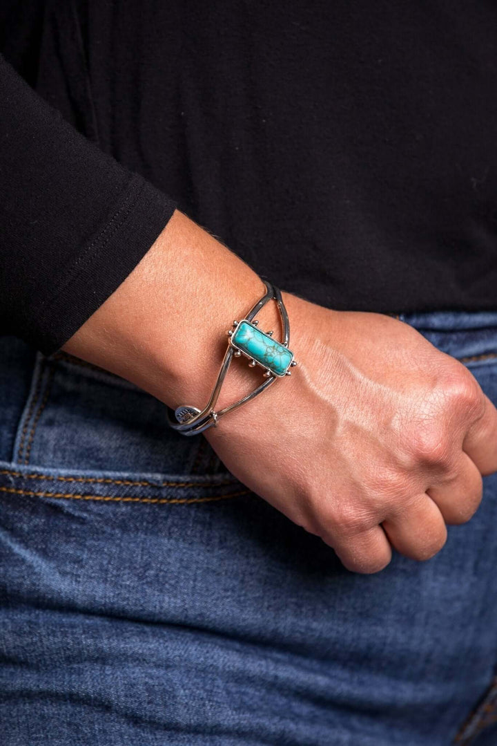 Burnished Silver Cuff with Rectangular Turquoise Stone - Cowgirl Charm