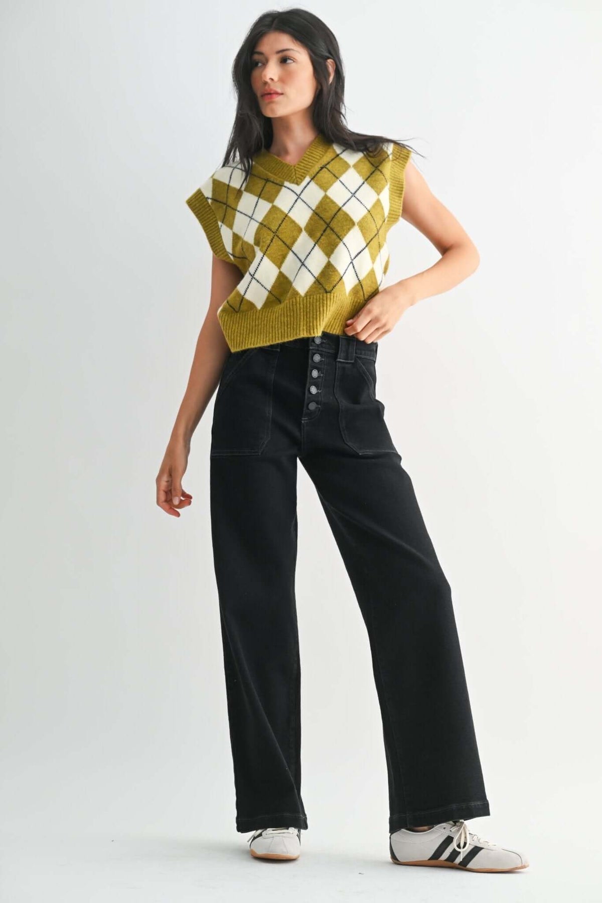 Black high-rise wide-leg jeans by JBD Just Black Denim with button front and slim fit, shown from the front.