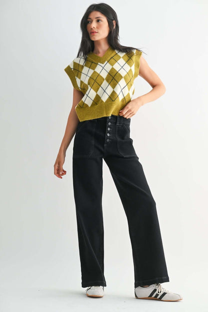 Black high-rise wide-leg jeans by JBD Just Black Denim with button front and slim fit, shown from the front.