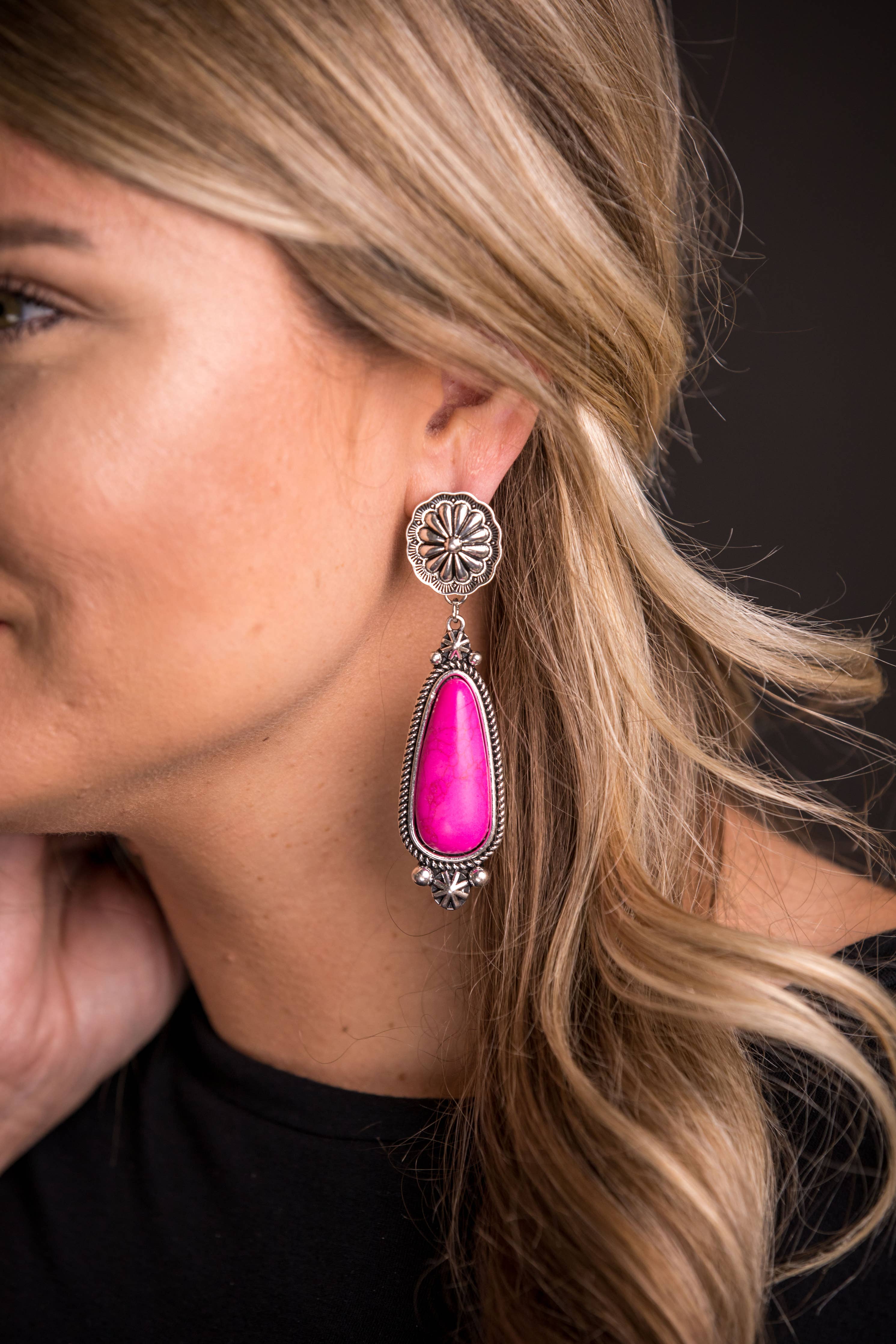 Pink Statement Earring on Silver Concho Post