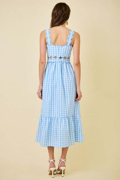 Day + Moon spring gingham midi dress with scalloped details, featuring a flowy silhouette and feminine design.