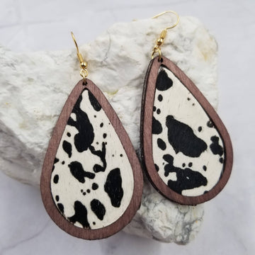 Cow Hair On Leather Wooden Earrings