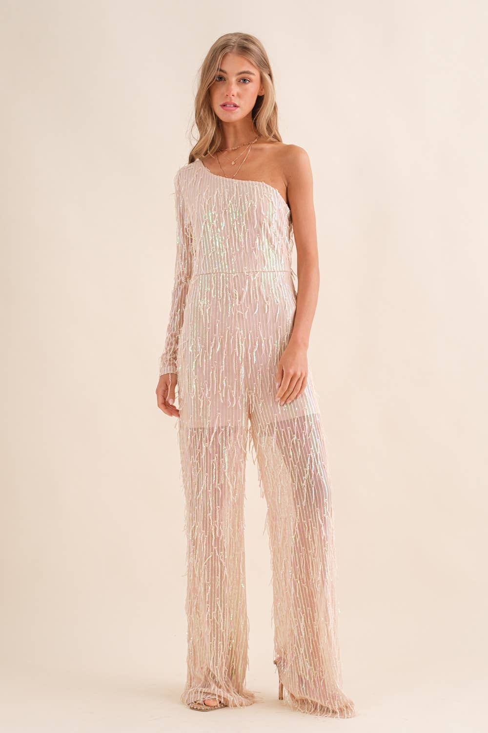 Sequin Fringe Embellish One Shoulder Jumpsuit