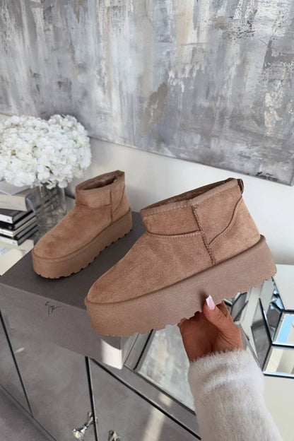 Camel faux fur-lined ultra mini platform women's ankle boots by No Doubt Shoes, showcasing the stylish fur lining and chunky sole.