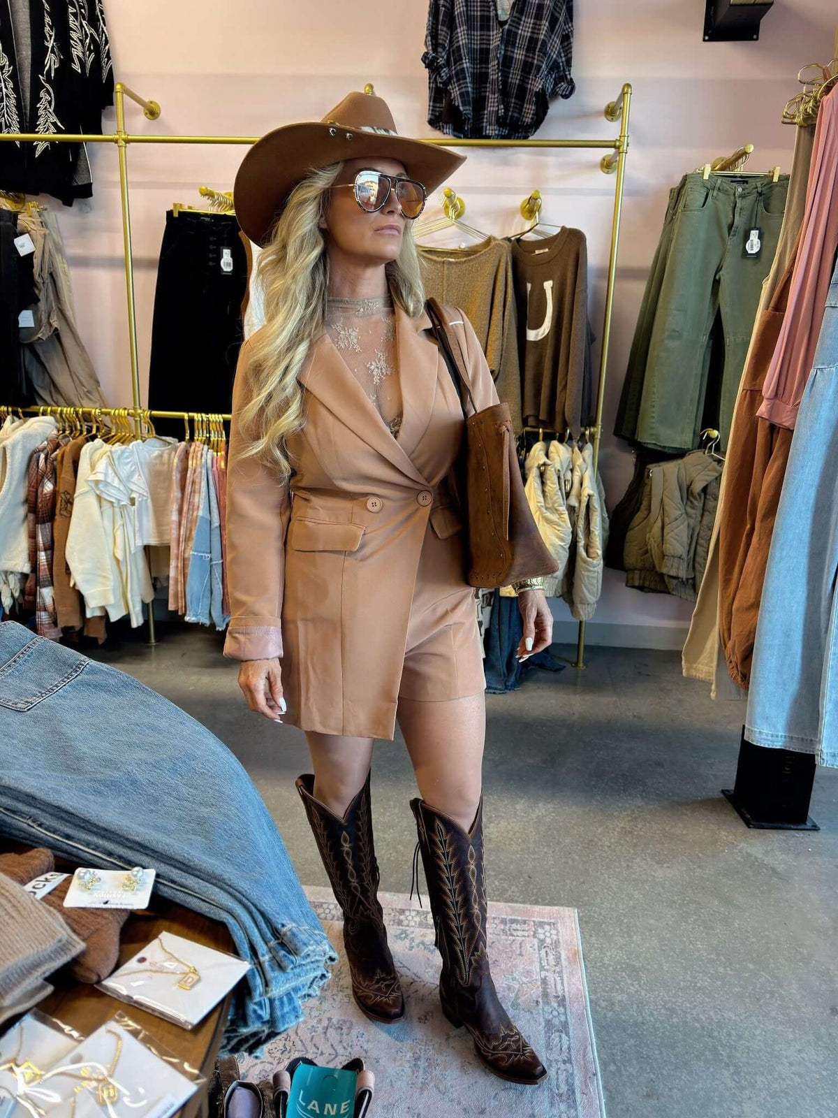 Camel long sleeve blazer romper by Lucky & Blessed, featuring tailored design and stylish fit for casual or dressy occasions.
