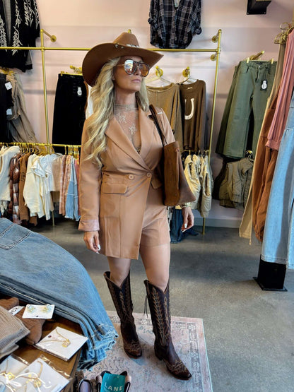Camel long sleeve blazer romper by Lucky & Blessed, featuring tailored design and stylish fit for casual or dressy occasions.