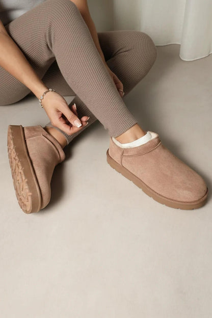 Camel suede low-cut boots by No Doubt Shoes with faux fur lining, stylish and cozy footwear for cold weather.
