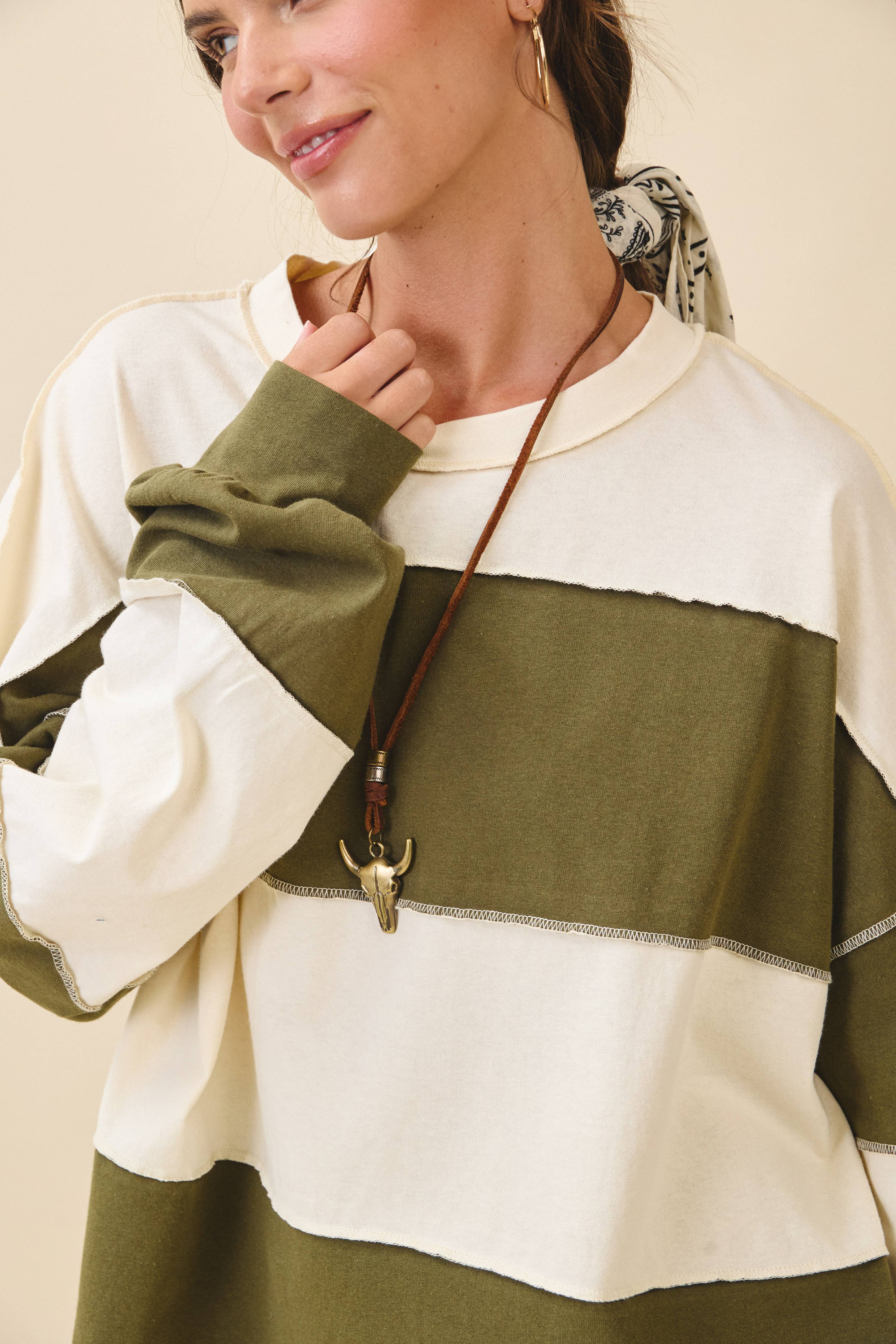 Contrast Panel Long Sleeve Slouchy Top