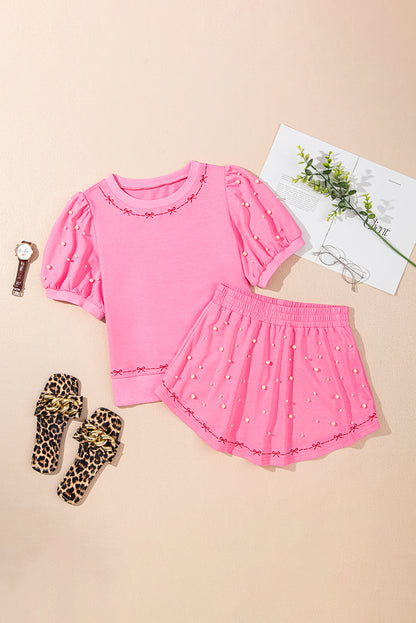 Pink Contrast Bow Trim Pearl Puff Sleeve Blouse and Skort 2pcs Set