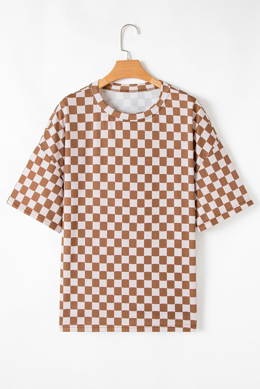 Brown Plus Size Checkerboard Print Side Slit Tee and Shorts Set