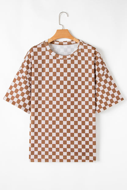 Brown Plus Size Checkerboard Print Side Slit Tee and Shorts Set