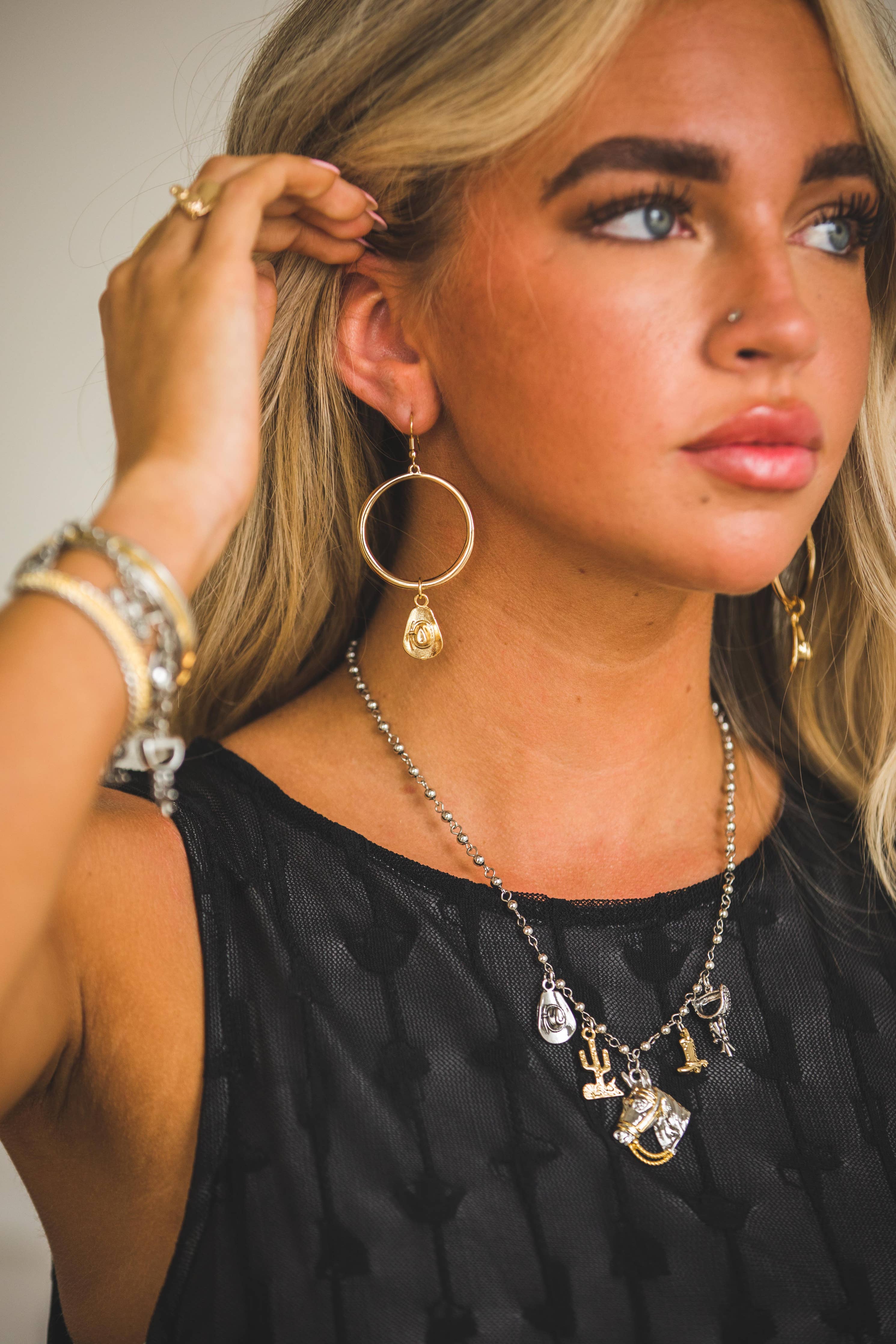 3" 18K Gold Plated Hoop Earring on Fishook with Cowboy Hat