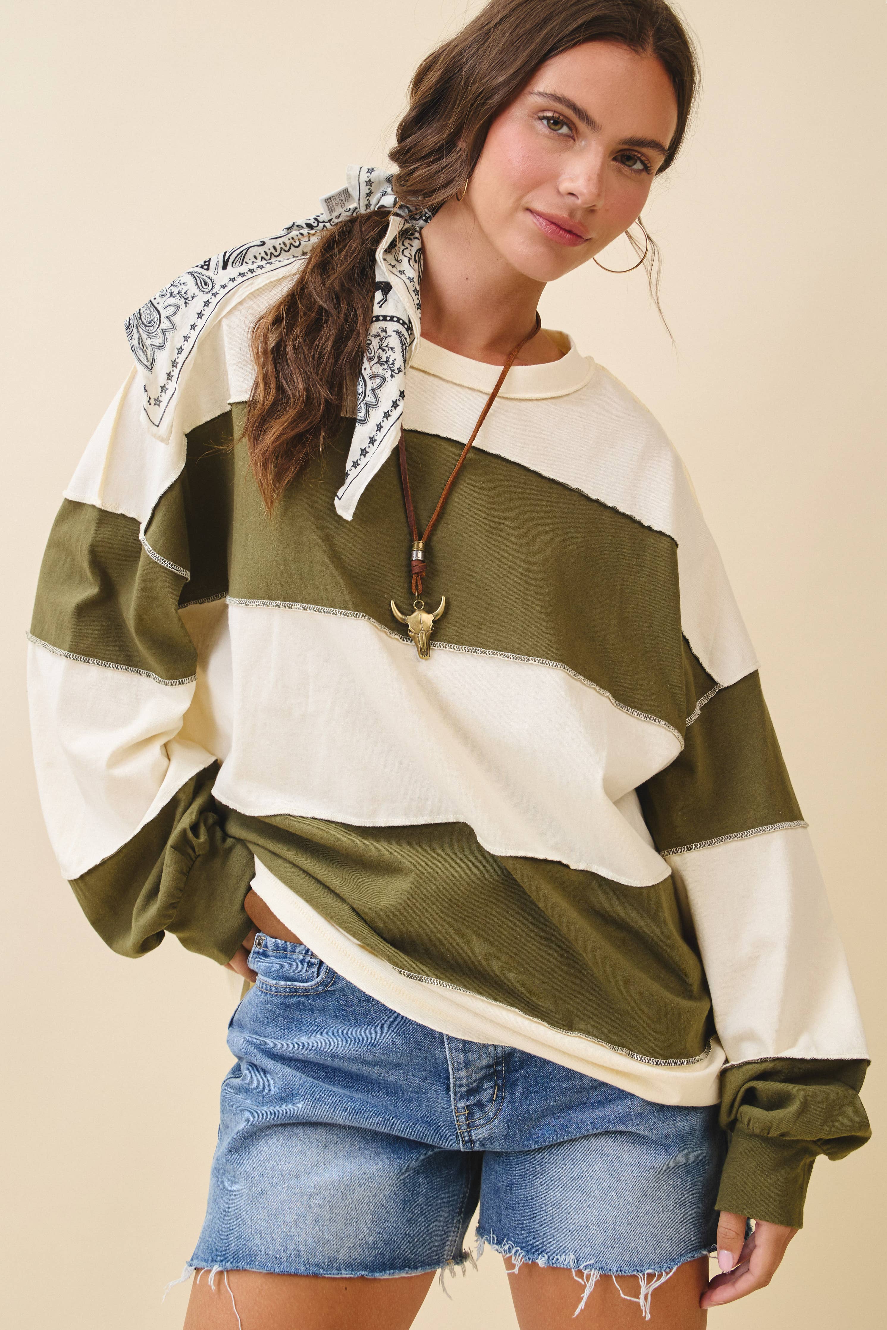 Contrast Panel Long Sleeve Slouchy Top