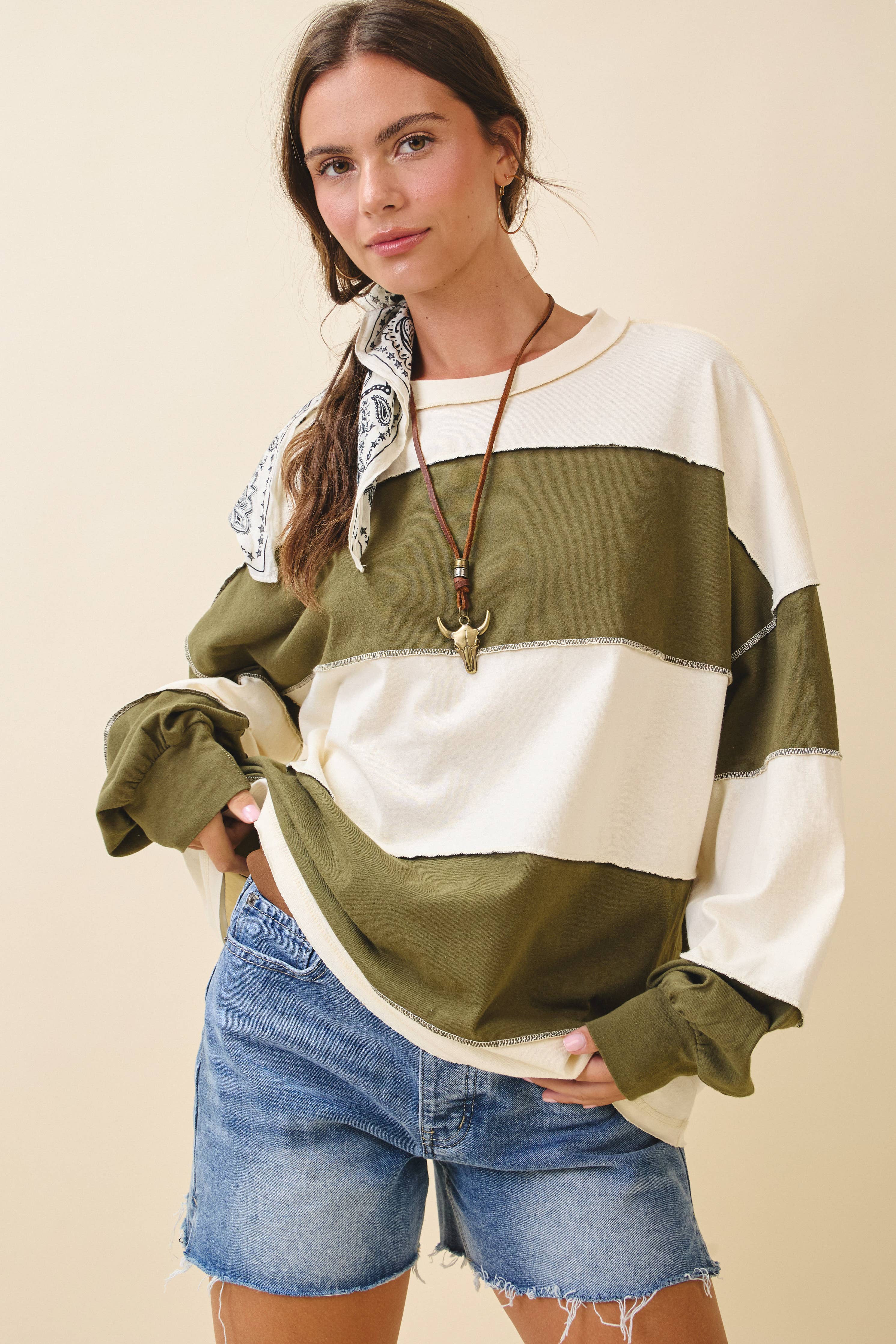 Contrast Panel Long Sleeve Slouchy Top