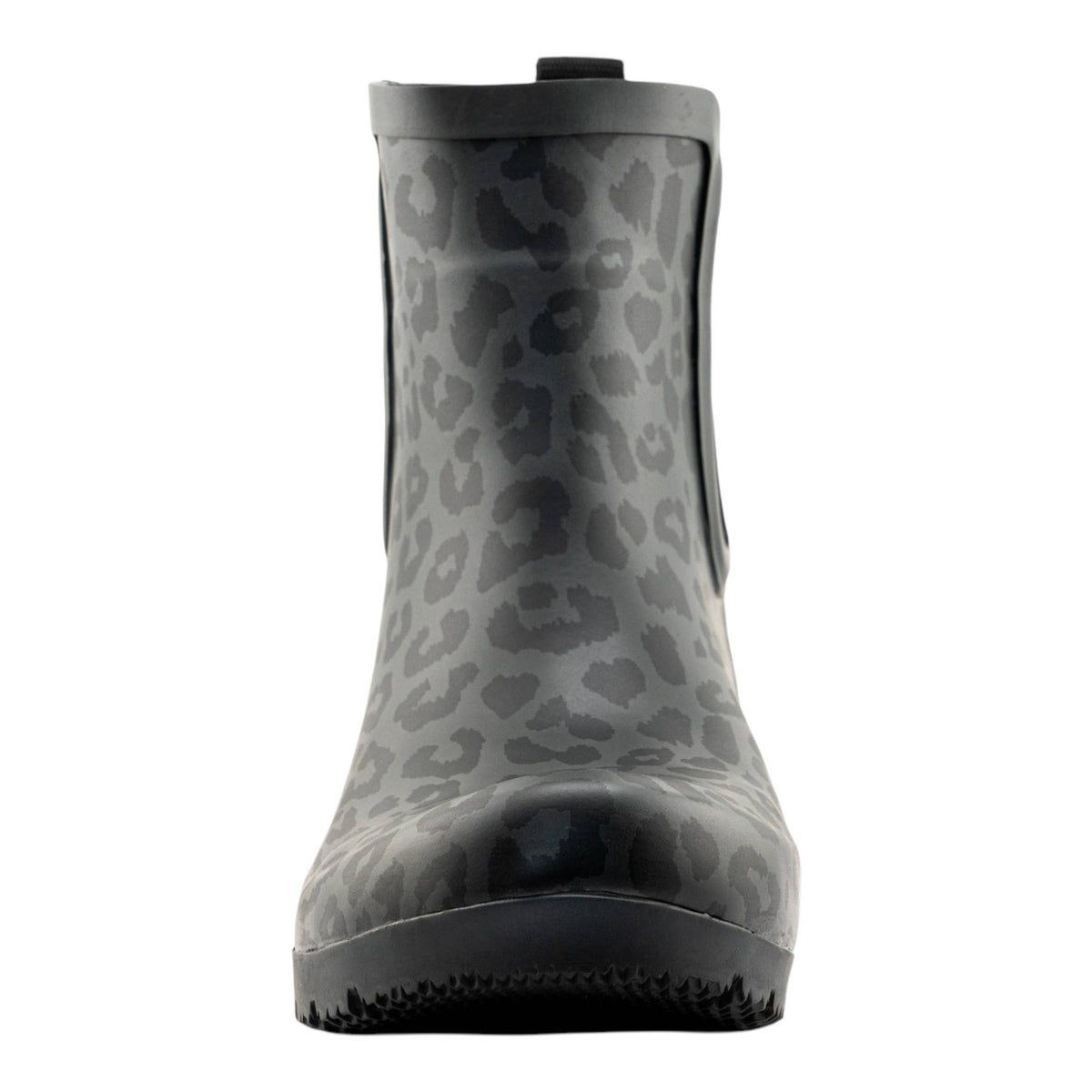 Roma Boots Chelsea matte leopard women's rain boots showing the stylish leopard print and matte finish on waterproof rubber shoes.