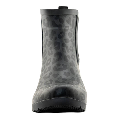 Roma Boots Chelsea matte leopard women's rain boots showing the stylish leopard print and matte finish on waterproof rubber shoes.