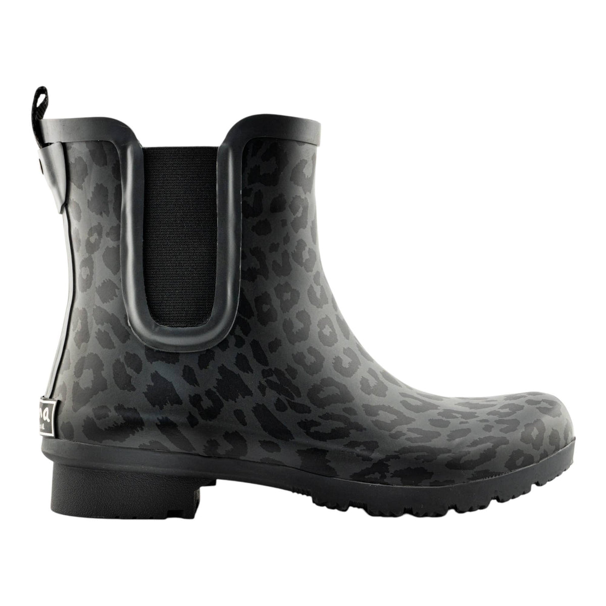 Roma Boots Chelsea matte leopard women's rain boots with black and brown animal print, waterproof and stylish for wet weather.
