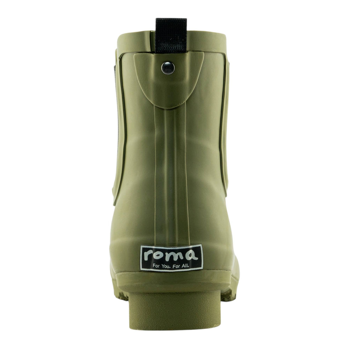 Olive matte Chelsea rain boots for women by Roma Boots, ankle-length waterproof footwear with a sleek design.